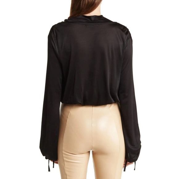 All Saints | Penelope Tie Neck Bodysuit Womens Black Sheer Loose Fit V-neck - Picture 3 of 10